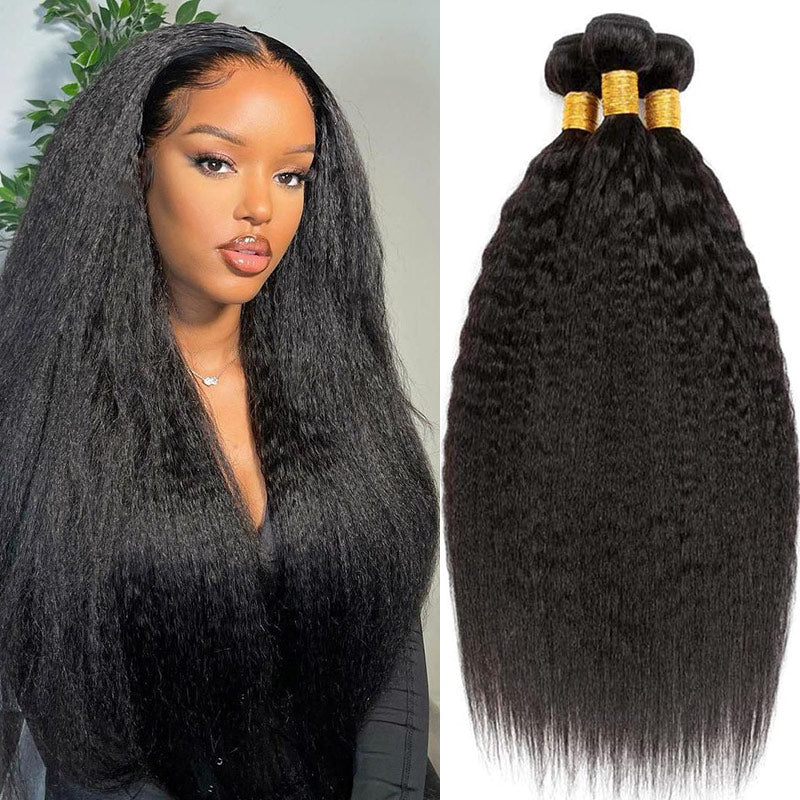 Geeta Hair Kinky Straight 3 Bundles With 4x4 Lace Closure Virgin Human Hair - 24 24 24 +20