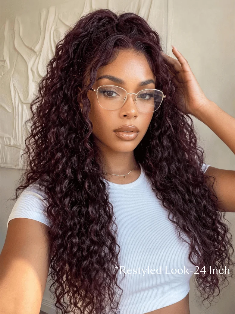 Klaiyi 13x4 Black Cherry Dark Burgundy Water Wave Pre Everything Lace Frontal Wig With Invisible Drawstring, 13¡Á4 150%-Drawstring / 14 / Pr